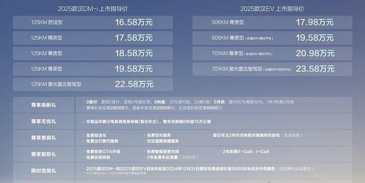 比亚迪汉2025款上市，售价16.58万起