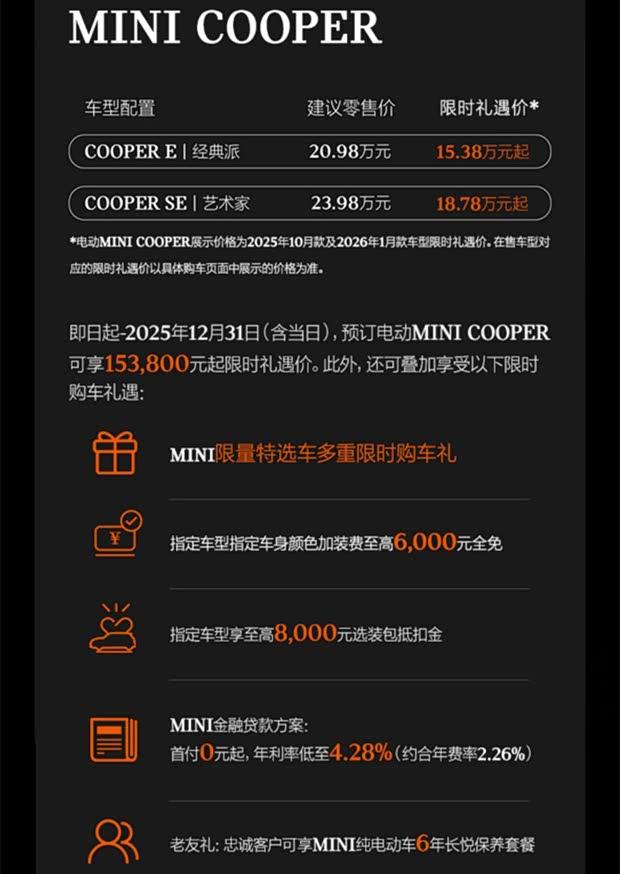 2026款电动MINI COOPER上市 配置微调 限时售价15.38万元起